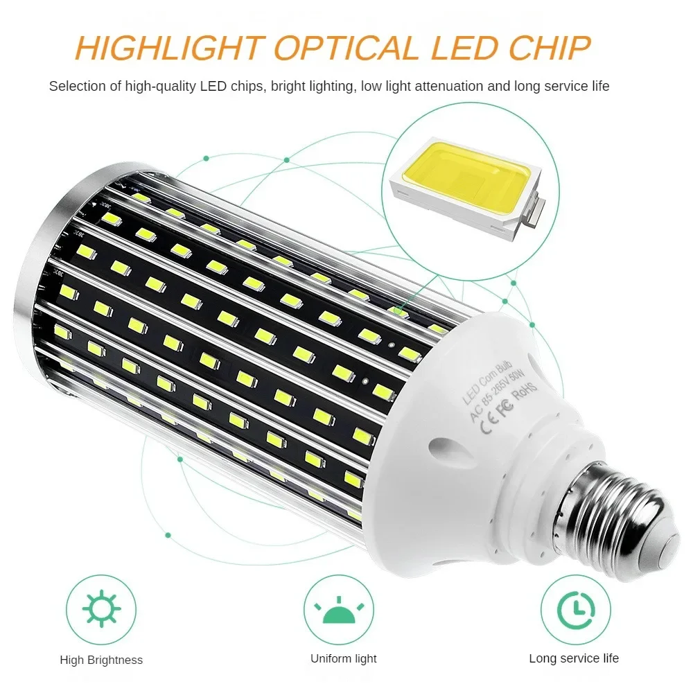 Lâmpadas LED de alta potência, E27, 50W, ventilador de iluminação, luminescência de 360 graus, lâmpada de milho, lâmpada LED