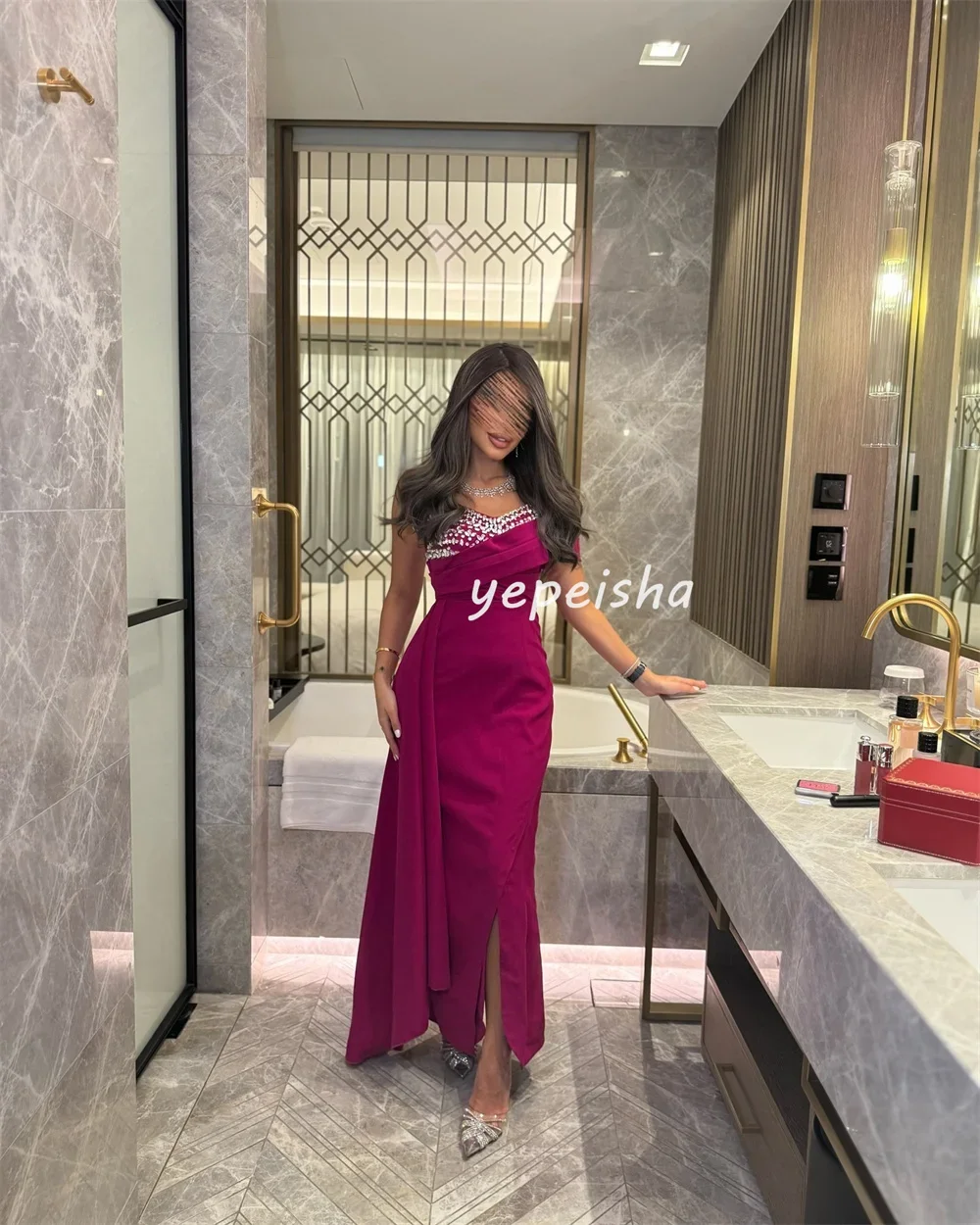 Customized Intricate Formal Jersey Pleat Ruched Draped Rhinestone Straight Strapless Long Dresses Bespoke Occasion Fashion