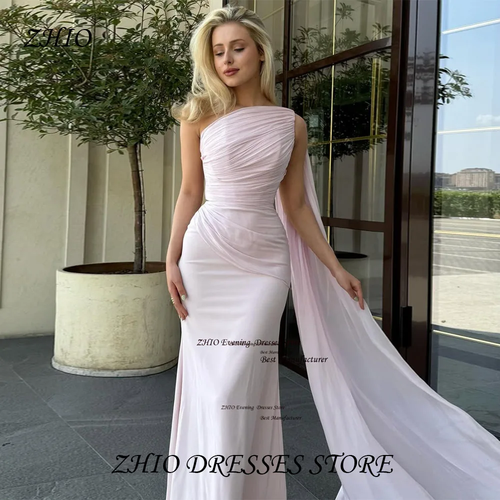 ZHIO エレガントなピンクのサテンのイブニングドレスプリーツストラップレスロングシースドレスショール付きノースリーブウエディングドレス女性のためのカスタマイズ