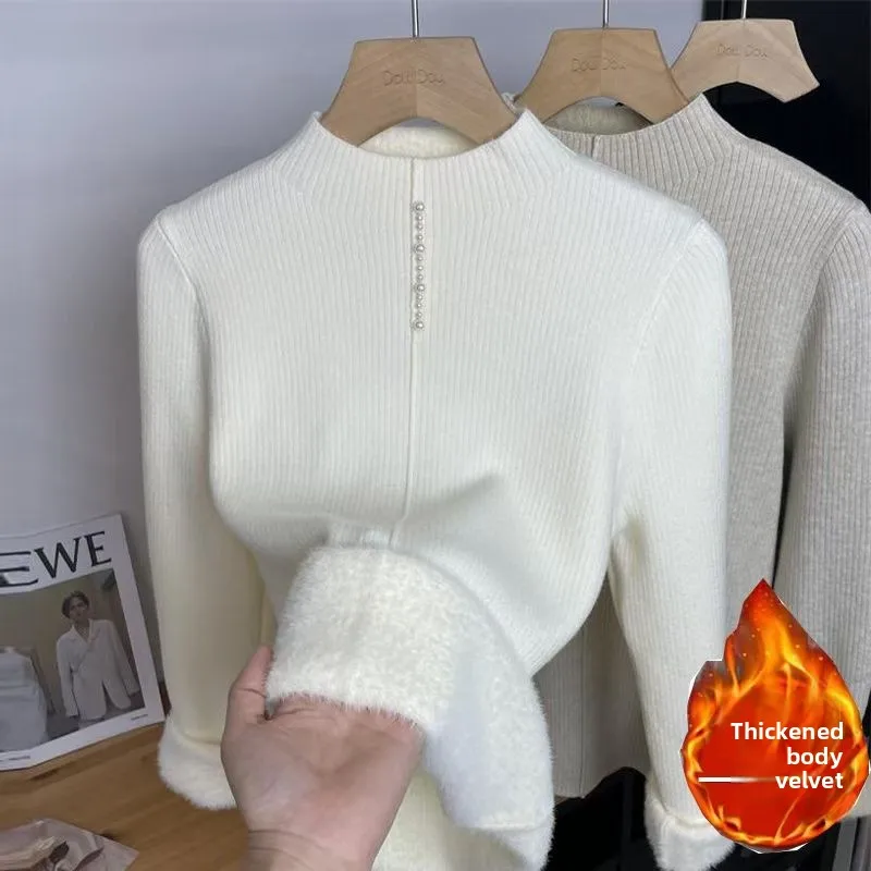 

Women Knitting Bottoming Sweaters Thicken Velvet Half-high Collar Pearl Warm Shirt Inner Wear Slim Skin-friendly Fleece Sweaters