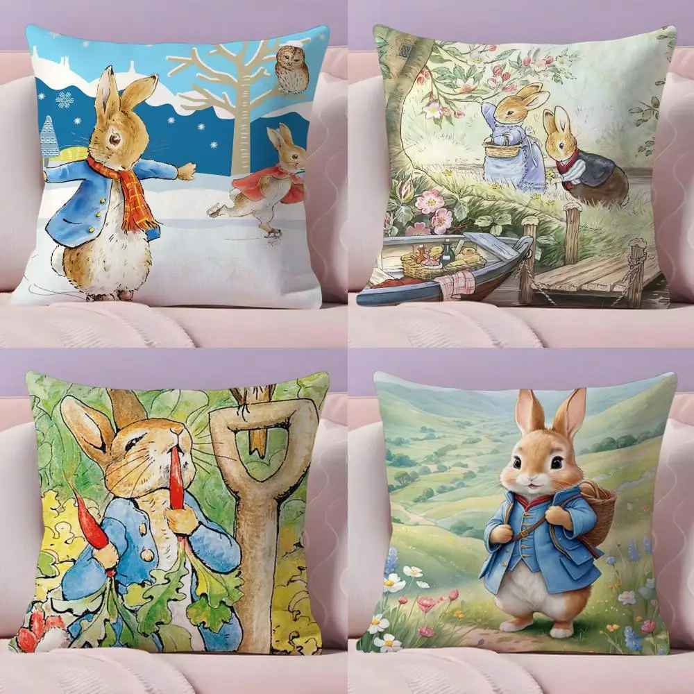 Cute P-Peter Rabbits Cushion Cover Plush Fabric Soft Double-Sided Printed Sofa Warm Winter Home Gift Pillow Cover