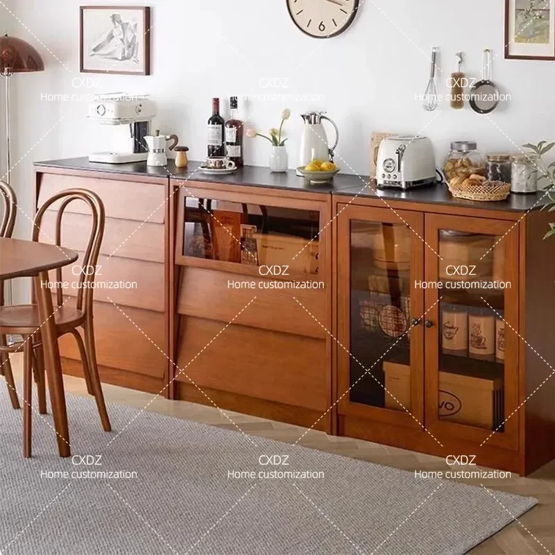 Medieval Solid Wood Dining Side Cabinet Retro Rock Slab Locker Small Apartment Living Room Display Cabinet Kitchen Floor