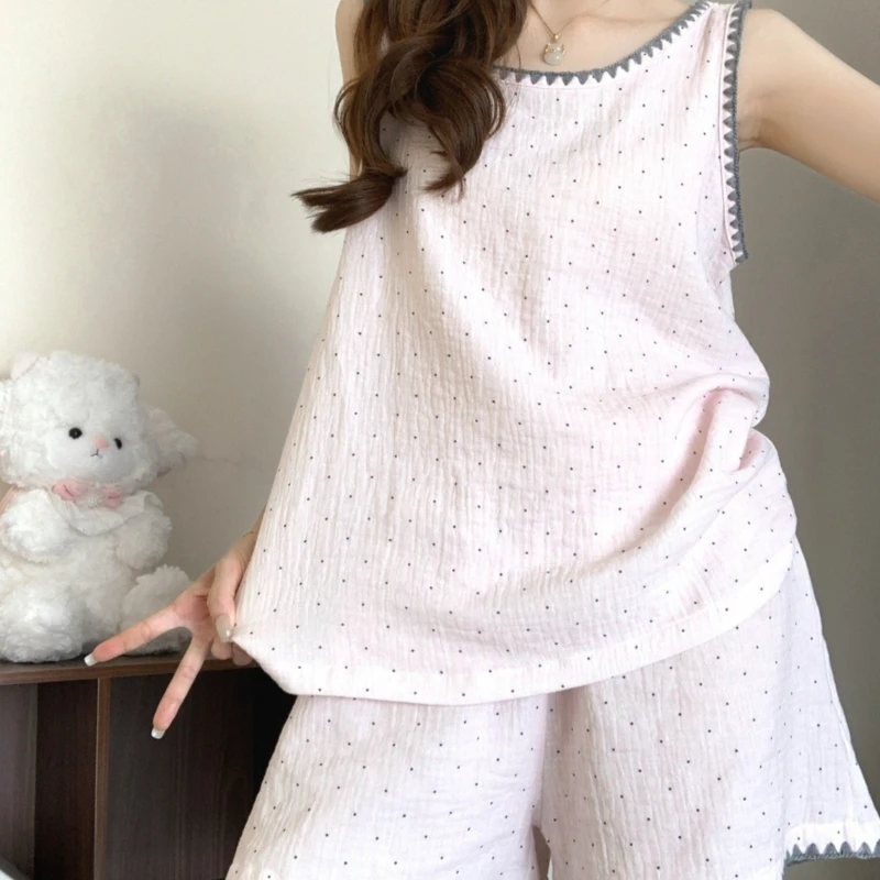 Cloud Cotton Light Pink Polka Dot Sleepwear Women's Sleeveless Vest Shorts Set Daily Home Wear Домашняя Одежда
