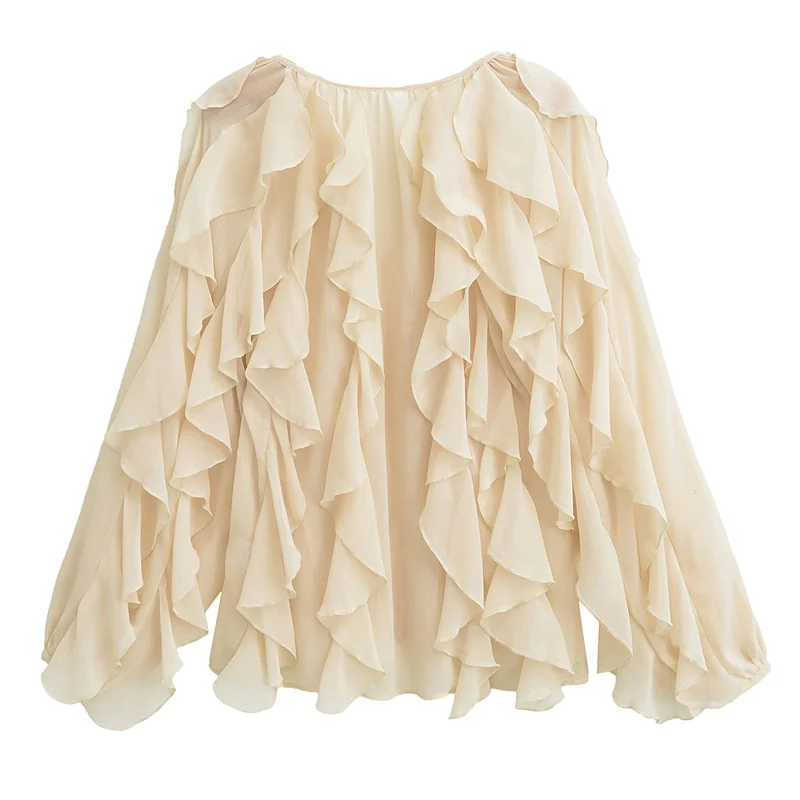 

A83F-Women Dressy Casual Blouse Business Long Sleeve V Neck Ruffles- Tops Office Work Outfit