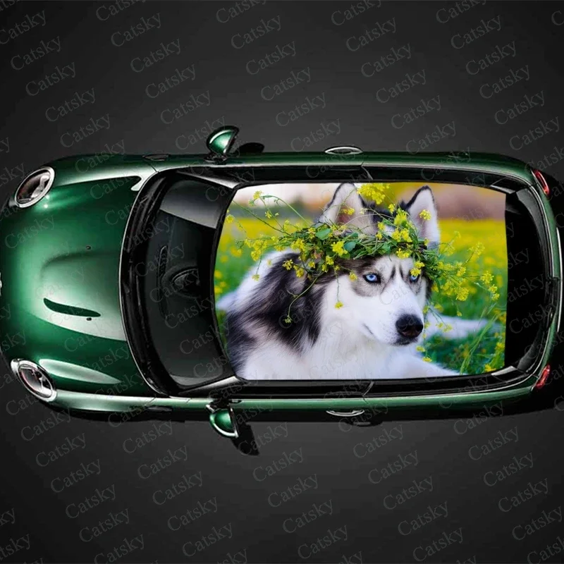 Siberian Husky Dog Car Roof Sticker Wrap Racing SUV Auto Accessories Packaging Painted PVC Car Hood Graphic Decal Decoration