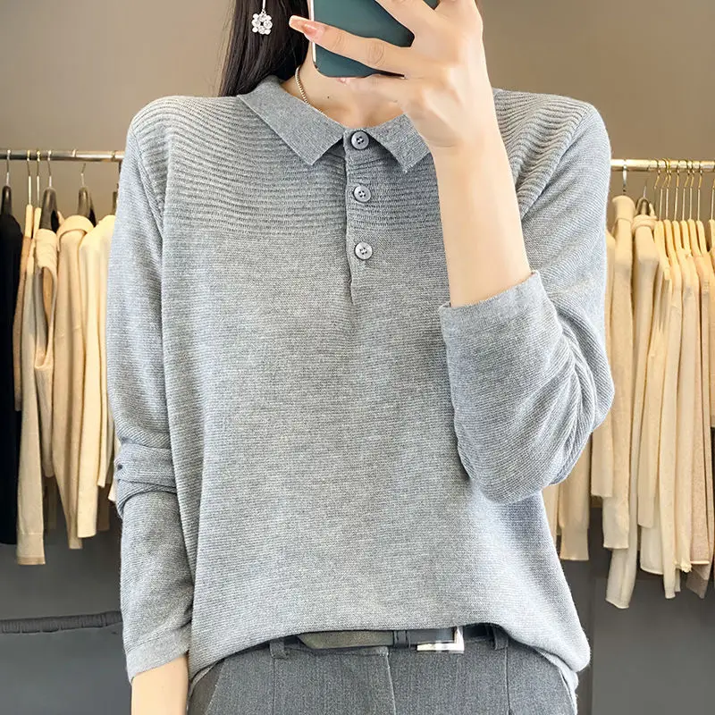 Autumn Women\'s 2024 New Spliced Pullover Polo Collar Button Fashion Solid Loose Minimalist Casual All-match Long Sleeved Top