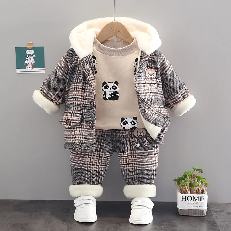 Autumn Baby Cartoon Bear Plush Long Sleeve Set Boys\' and Girls\' Hooded Sweater Pants Three Piece Simple Casual Sportswear