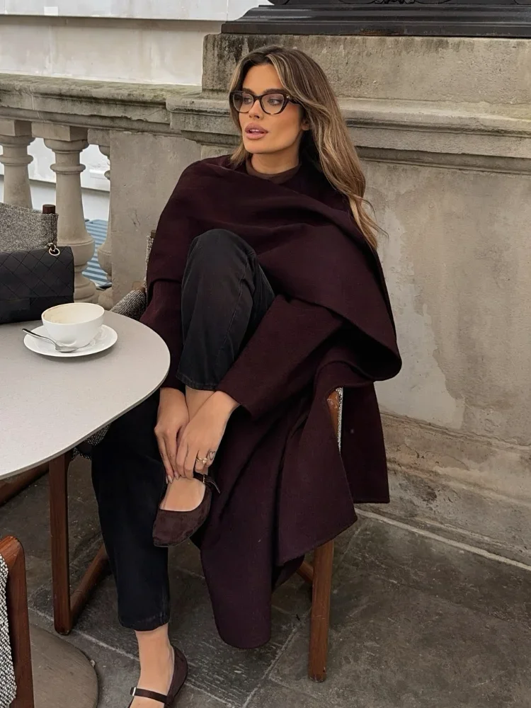 Women's Fashion Burgundy Scarf Collar Wool Blend Overcoat Elegant Loose Full Sleeve Overcoat  2024 Autumn Winter Lady Outwear