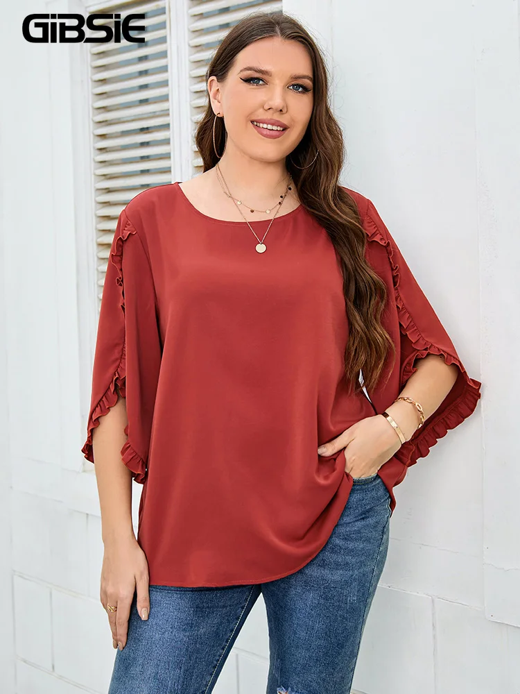 GIBSIE-Camiseta lisa de manga 3/4 para mujer, ropa informal con cuello redondo, talla grande 3XL, 4XL, 2022