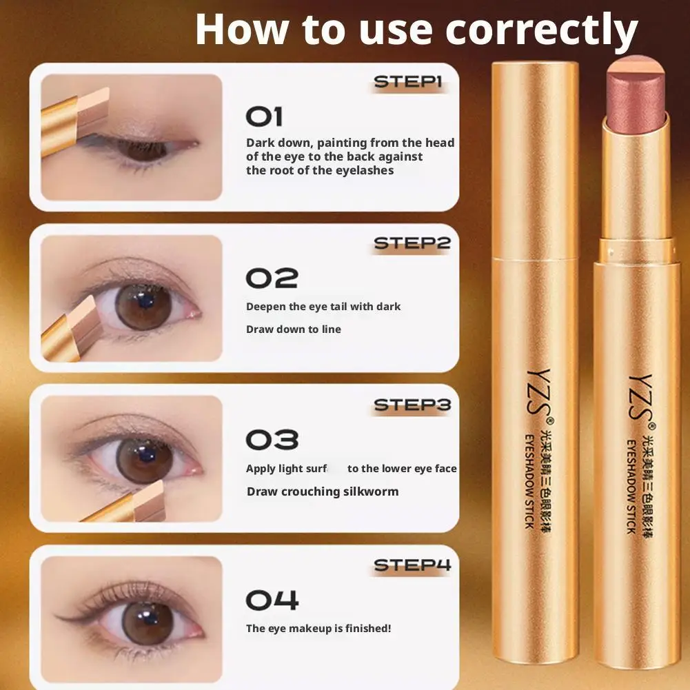 Ombretto graduale a 3 colori per principianti Glitter Impermeabile duraturo Pigro Evidenzia Ombretto Stick Strumento per il trucco degli occhi