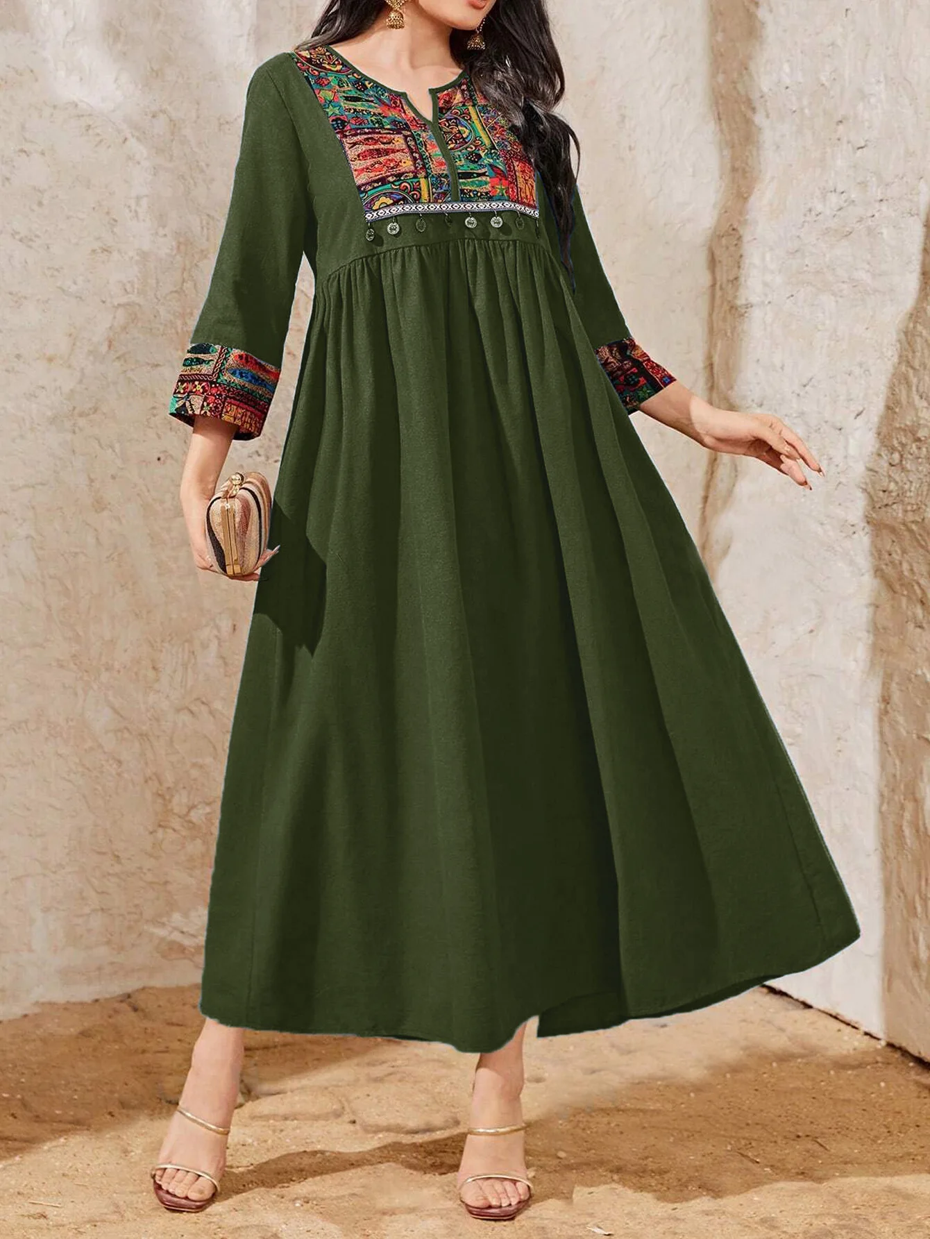 High Waist Patchwork Dresses Women Mid Length Loose Fashion Pendant Ethnic Style Casual Dress Lady Daily Spring Summer