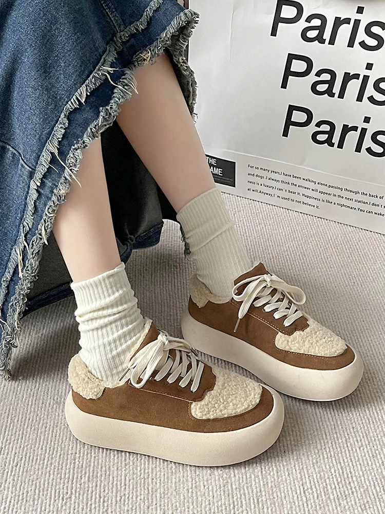 

Women's Shoes Snow Boots Lace Up Color Matching Thick Soles 2023 Winter New Plush and Warm Casual Cotton Shoes