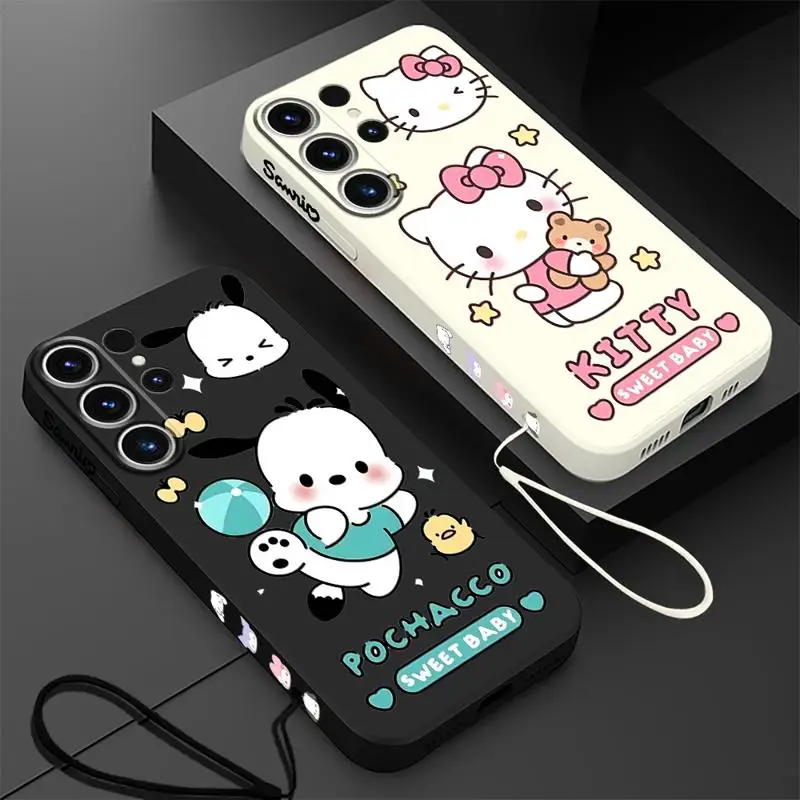 Sanrio H-Hello K-Kitty Pochacco Phone Case for Samsung Galaxy S9 Note 10 Plus 8 9 S8 S10e S10 Note 20 Ultra Square Liquid Coque