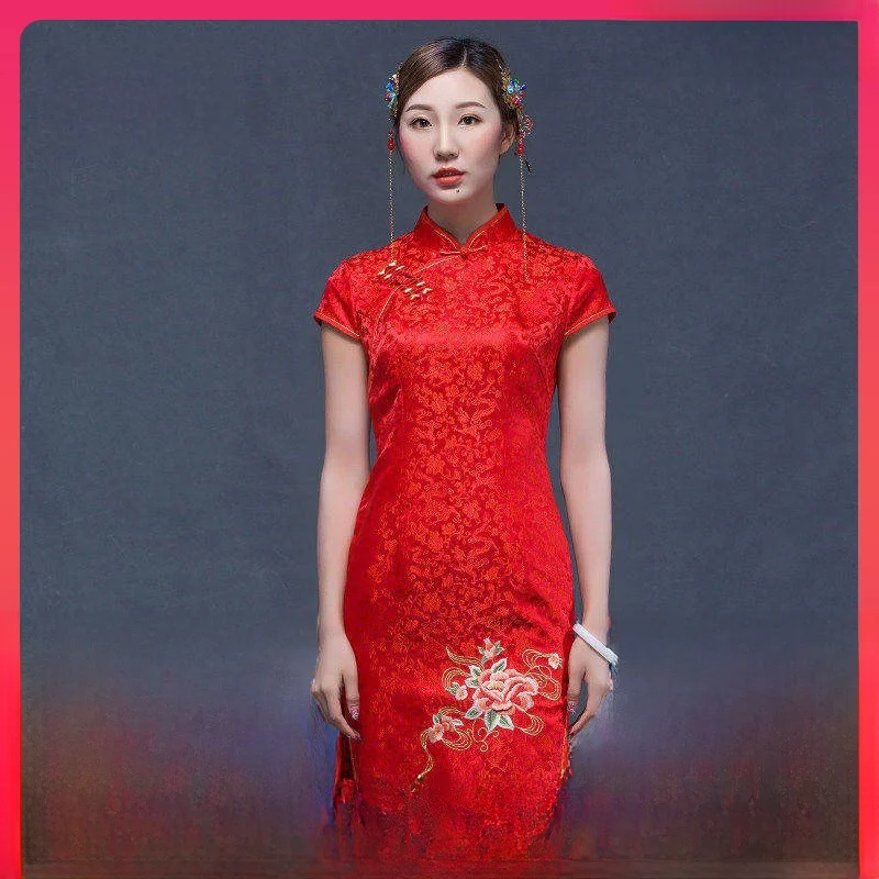 

Шелковая вышивка брокатом, ручная работа, пуговицы, свадебное платье DS Tao Yumei, однотонное, в национальном стиле, короткий рукав, высокое качество.