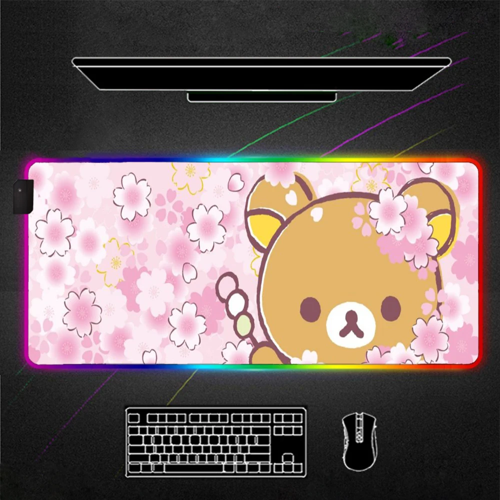 Korilakkuma – tapis de souris Xxl, joli motif de fleurs, accessoires de jeu, rétro-éclairage Rgb, Led rose, pour fille