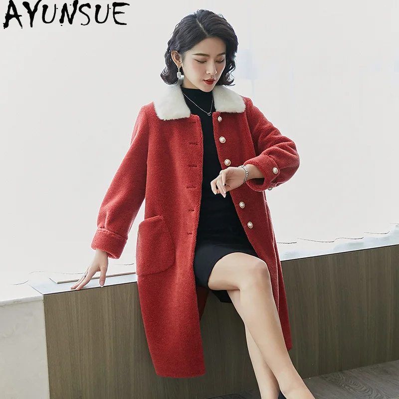 AYUNSUE 100% معطف فرو الصوف ملابس حريمي سترة الشتاء منتصف طول الحبوب الأغنام شيرلينغ معاطف امرأة 2025 الدافئة فرو منك طوق
