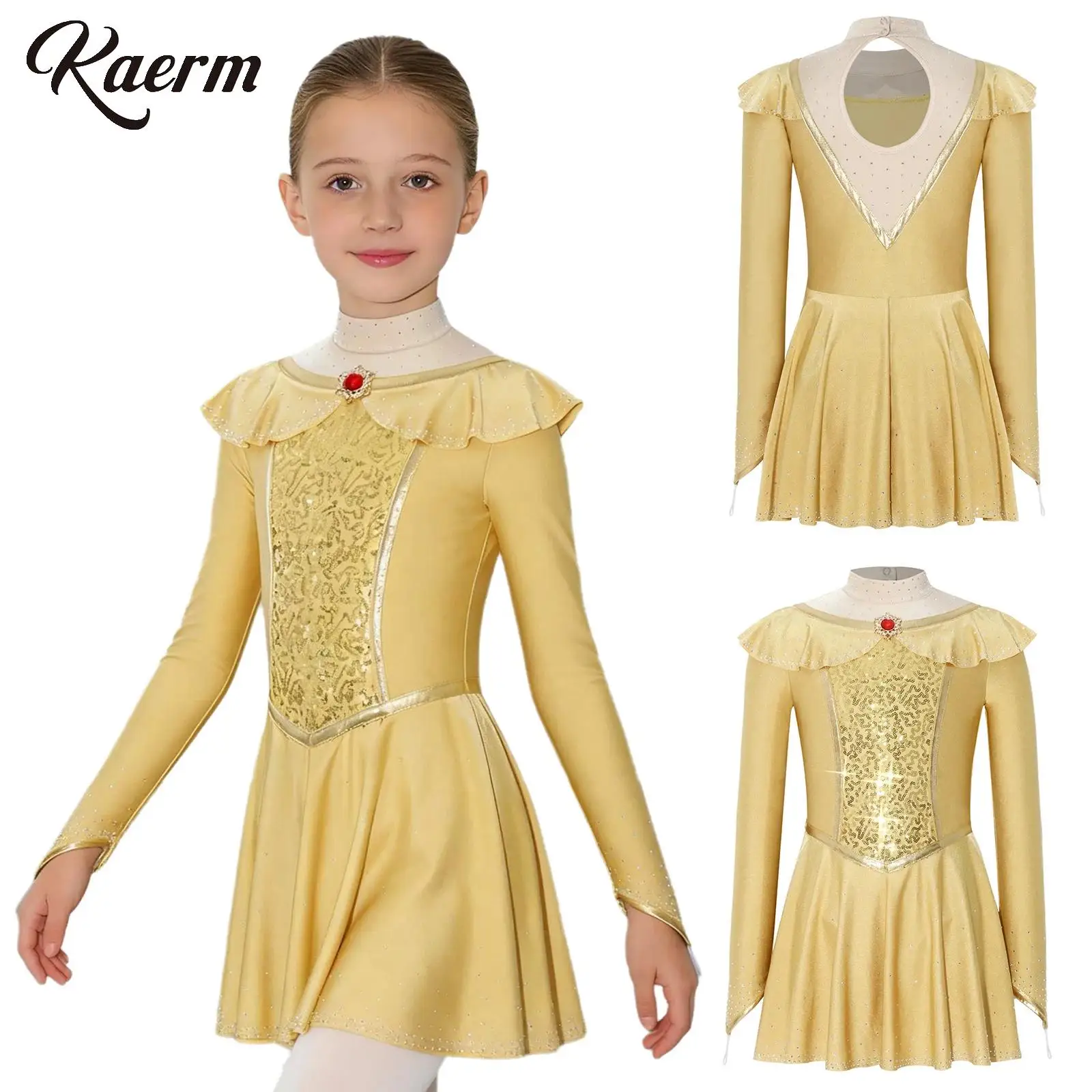 

Halloween Indian Dance Performance Costume Girls Arabian Princess Dress Long Sleeve Rhinestone Sequins Leotard Dress Dancewear