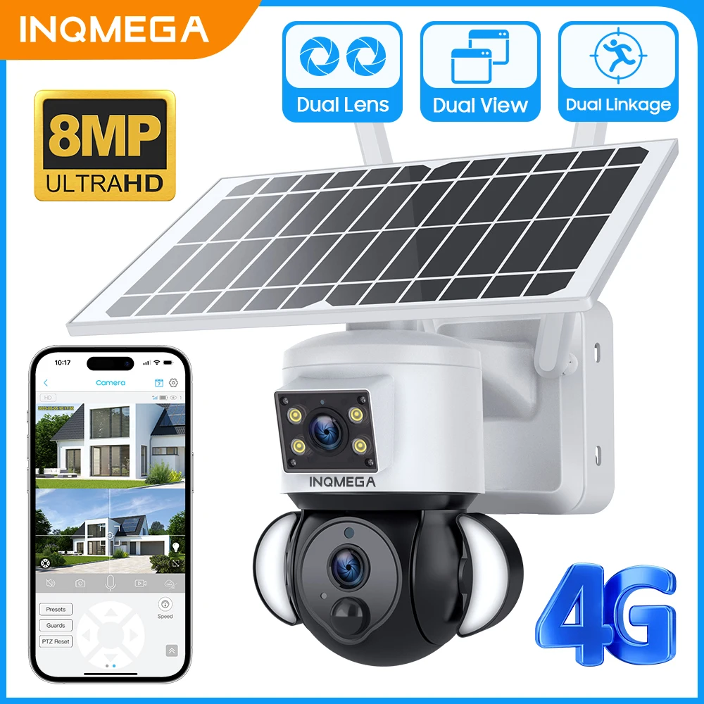 

INQMEGA 4K 8MP Wifi Solar Camera 4G SIM Outdoor Dual Lens Solar Camera Body Tracking Waterproof Color Night Vision PTZ Camera