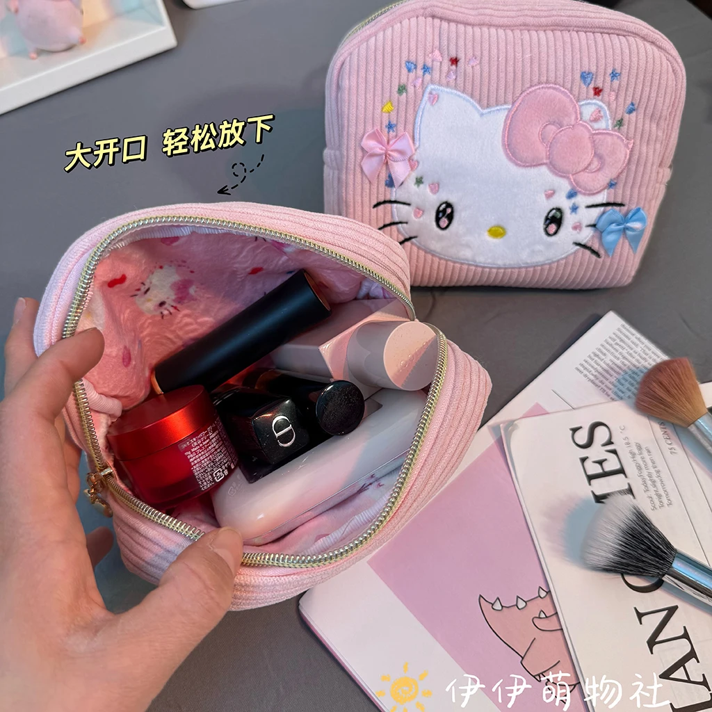 산리오 헬로 키티 플러시 가방 수 놓은 메이크업 가방 핸드백 귀여운 휴대용 지갑 작은 사각형 가방