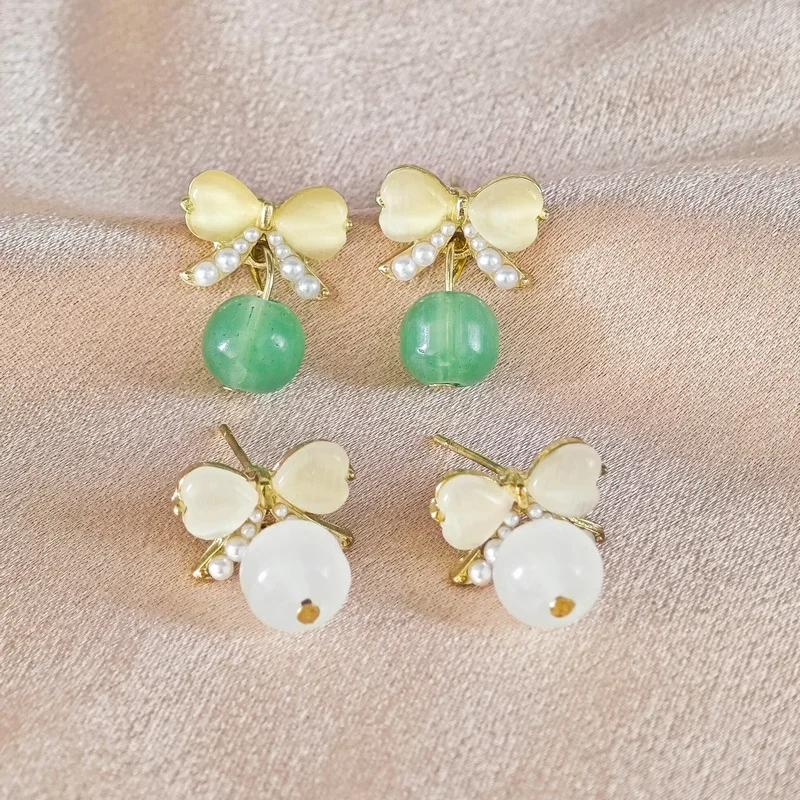 New Fashion Bow Stud Earrings For Women Girls Cute Opal Bowknot Beads Earring Party Jewelry boucles d'oreilles Gift