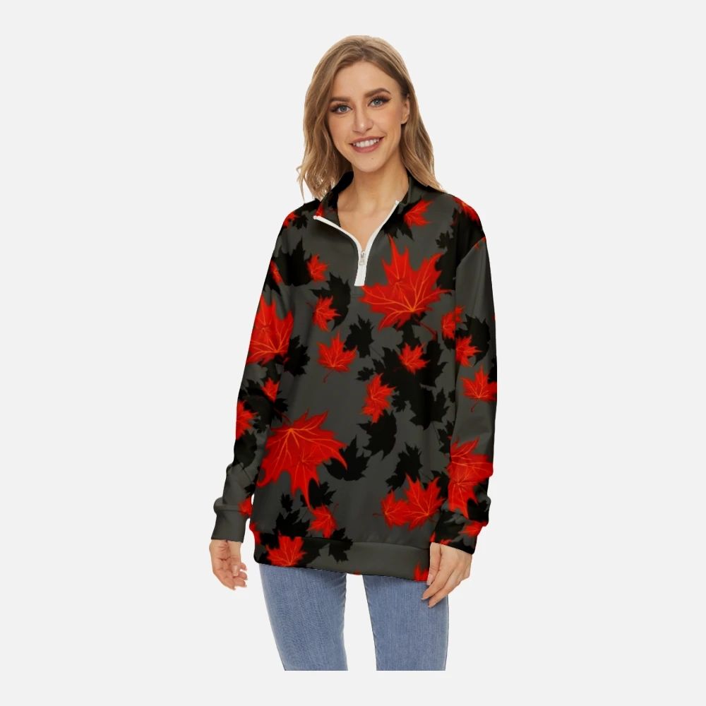 

Women Fashion New Sweatshirt Long-sleeved Half Stand Collar Zip Maple Leaf Printing Crew Neck Sweatshirt Spring Long Sleeve