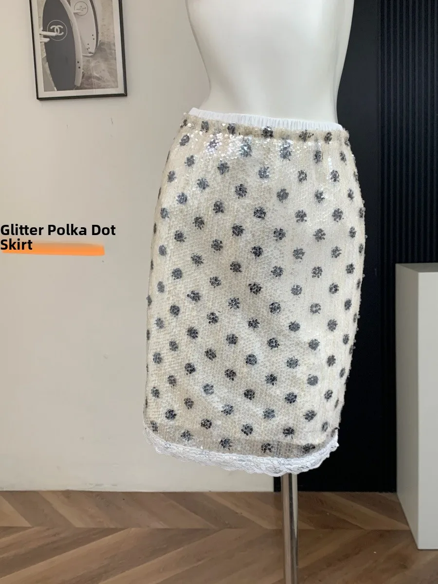 

Блестящая юбка с пайетками и кружевом, с завышенной талией, облегающая, женская, весенняя, модная, в стиле бодикон, милый стиль, стандартный крой, H-образная форма