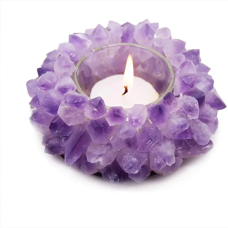 Amethyst Cluster Candle Holder Handmade Rock Crystal Aroma Burner Cup Love Icon Ornament Wedding Decor Valentin's Day Gift Craft