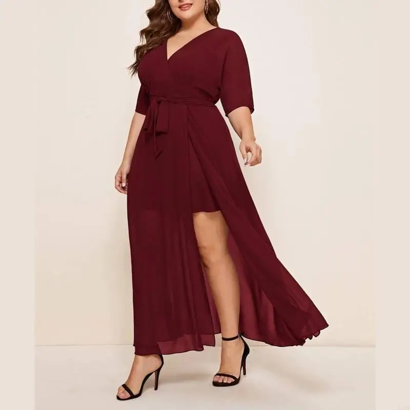 

L38E женское сексуальное шифоновое платье с короткими рукавами и v-образным вырезом на талии с разрезом макси длинное струящееся