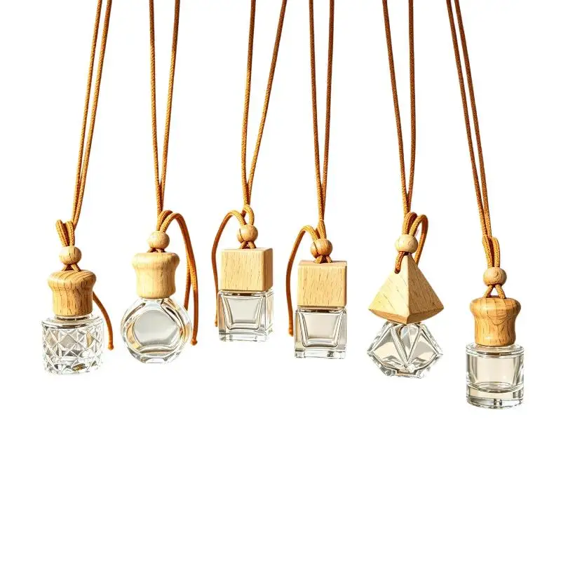 Hanging Empty Car Diffuser Bottles With Natural Wooden Lids Clear Glass For Car Interior Decor DIY Aromatherapy Use