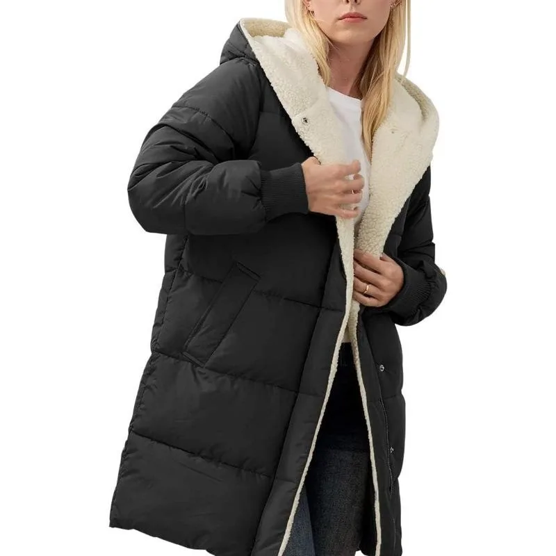 Women's Clothing Solid Warm Fleece Hooded Cotton Coat Long Sleeves Double-sided Velvet Slim Fit Elegant Cardigan Outerwear Top