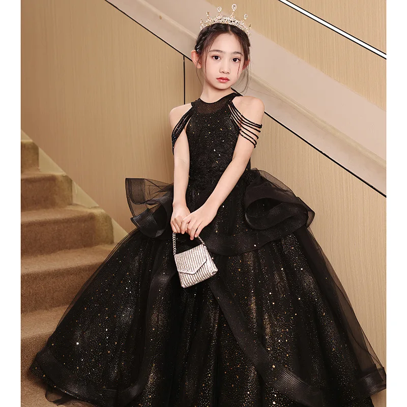 Girls Black Elegant Flower Beading Children Princess Wedding Bridesmaids Gown Kids Dresses baby Birthday Party ball Long dress