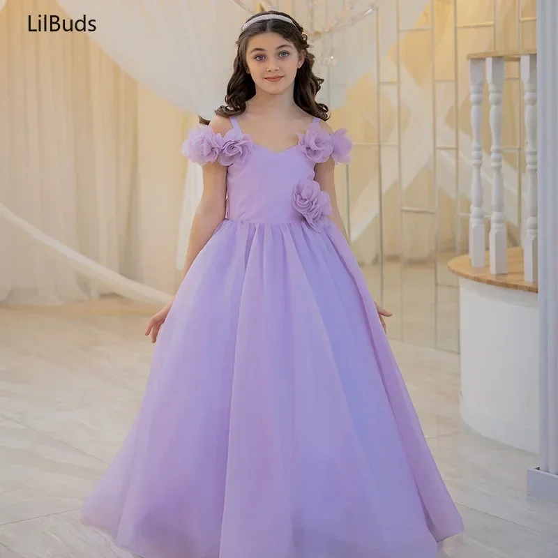 2024 Kids Girls' Dress Clothes Princess Large Children's Elegant Mesh Purple Ponte Stereo Flower Party European And American