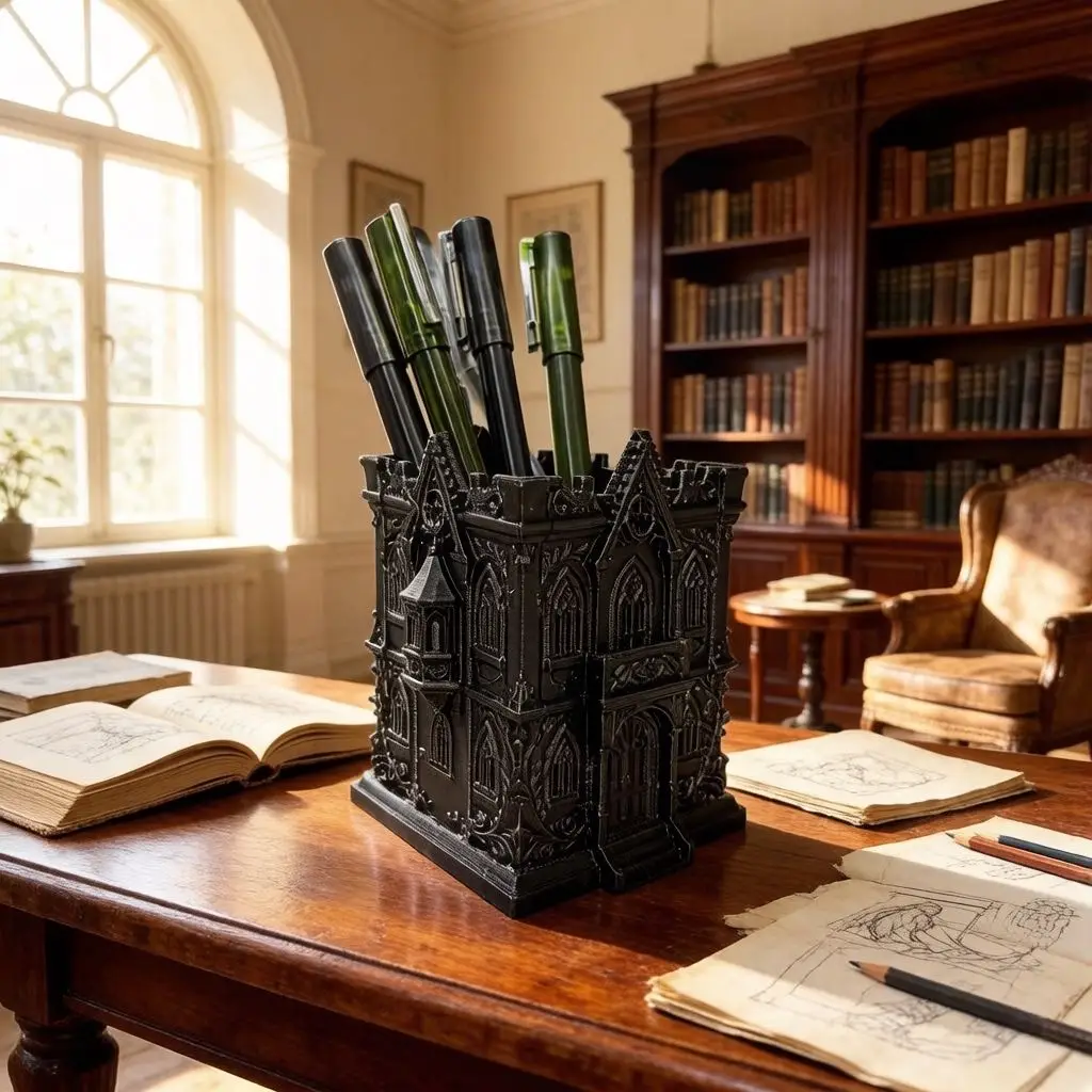 Halloween Gothic Castle Pencil Holder Gothic Stationery Storage Container Pen Organizer Dark Retro Desktop Craft Pen Holder