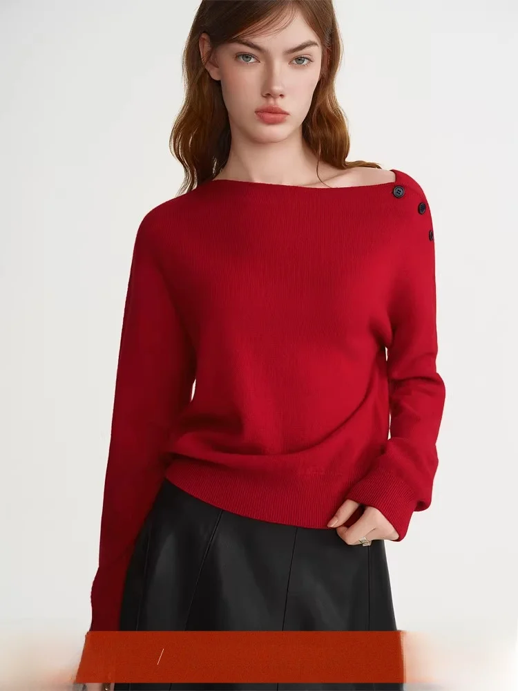 

Festive Aosphere Red Knitted Sweater One-oulder Design Large Size Women's Faion Commute Sle Winter Long Sve Woolen