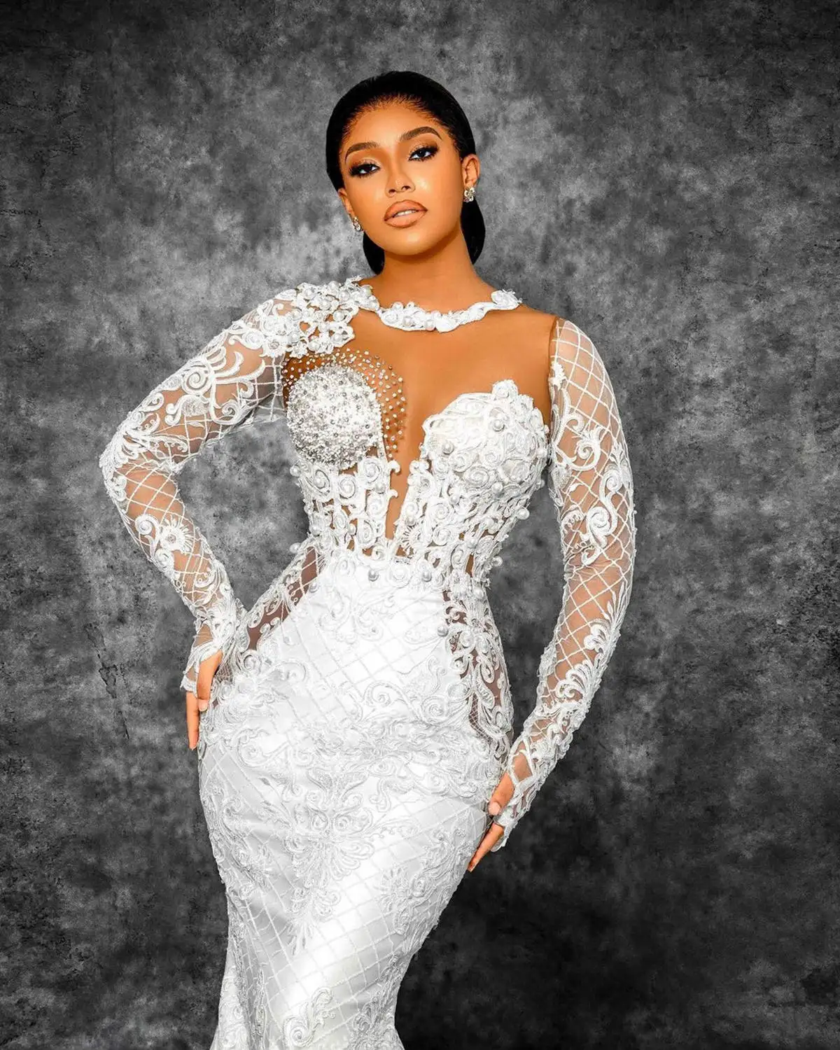 Illusion Mermaid Wedding Dresses O-Neck Appliques Pearls Bridal Long Sleeve Gowns Prom Dresses Vestido de novia Custom Made