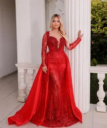 New Red Mermaid Wedding Dresses With Detachable Train Long Sleeves Pearls Wedding Gowns Elegant Brides Dresses