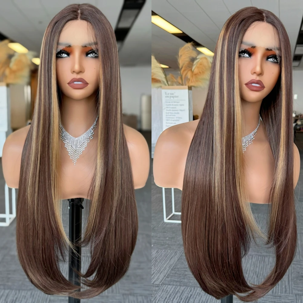 X-TRESS 32 Inch Straight Synthetic Lace Front Wig Honey Blonde Colored Highlight Middle Part Lace Wigs with Baby Hair for Women