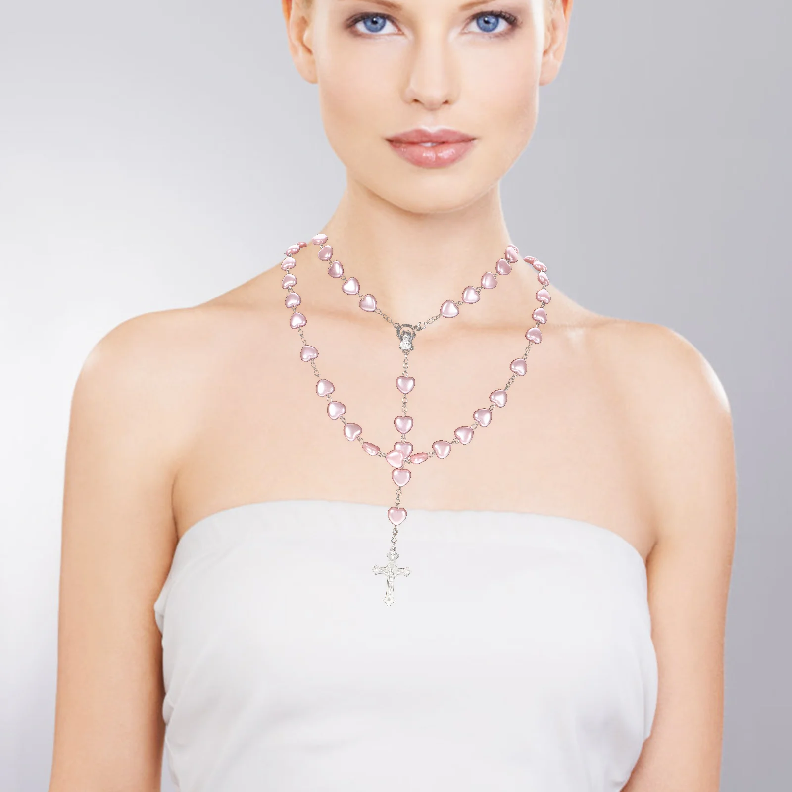 

Elegant Pink Rosary Necklace Heart Bead Cross Pendant Vintage Glass Beads Prayer Jewelry for Women Cross Pendent Necklace