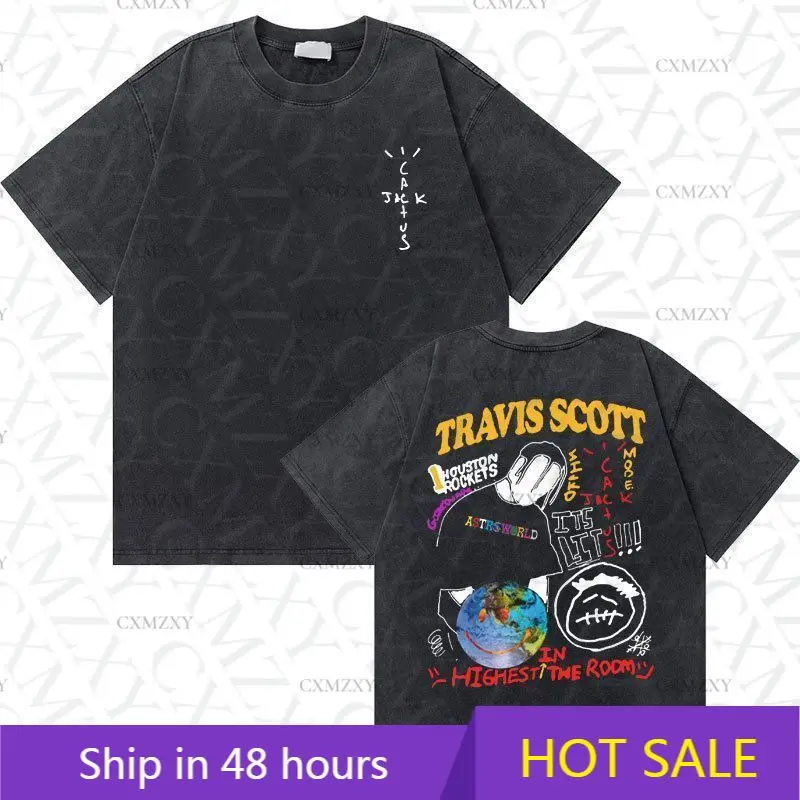 

Vintage washed old cactus jack utopia graphic t-shirt hip hop rap t-shirt men's and women's pure cotton