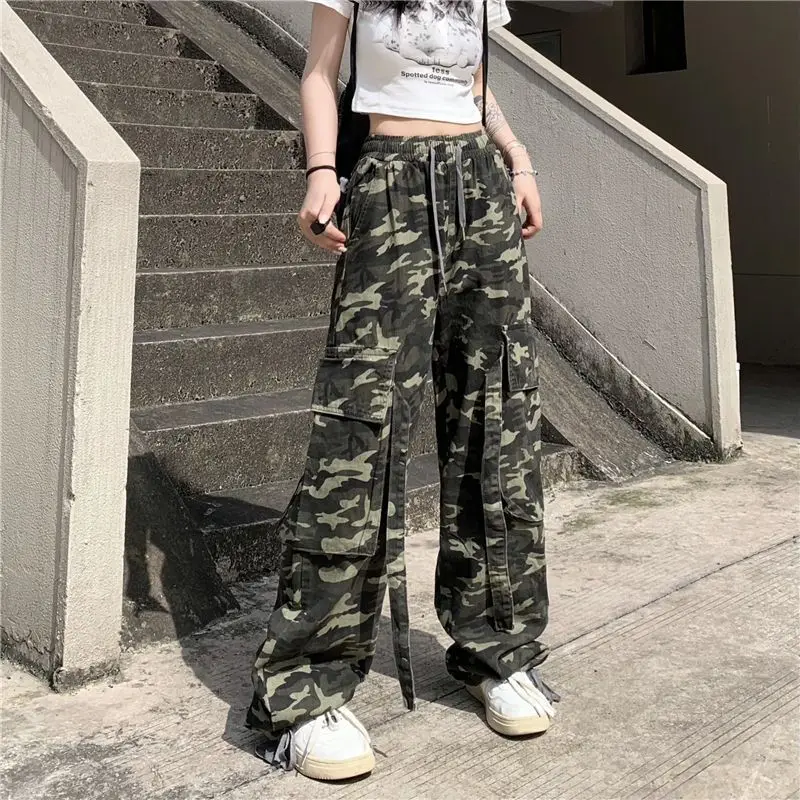 American Women Camouflage Pants Overalls Students Loose Autumn Fashion Straight High Waist Drawstring Pockets Wide Leg Trousers