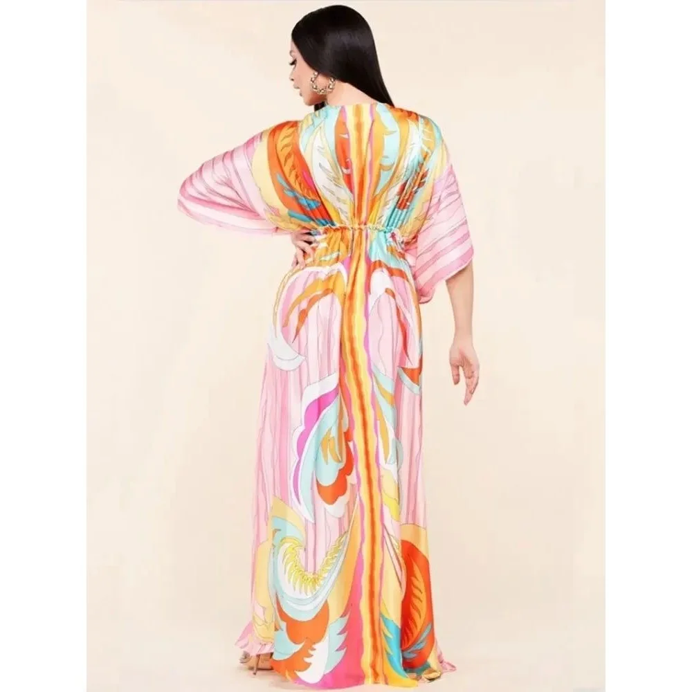 Abito Lungo Boho con Stampa, Cintura, Sexy, da Spiaggia, Casual, Primavera-Estate, Gonna a Linea A, Senza Colletto, in Poliestere...