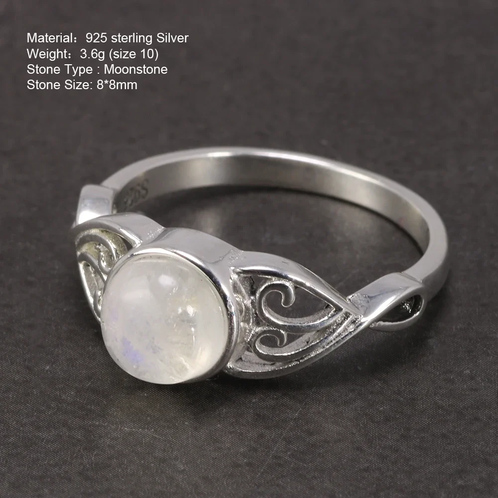 8mm Natural Moonstone  Women Rings Real 925 Sterling Silver Victorian Style Solitaire Ring