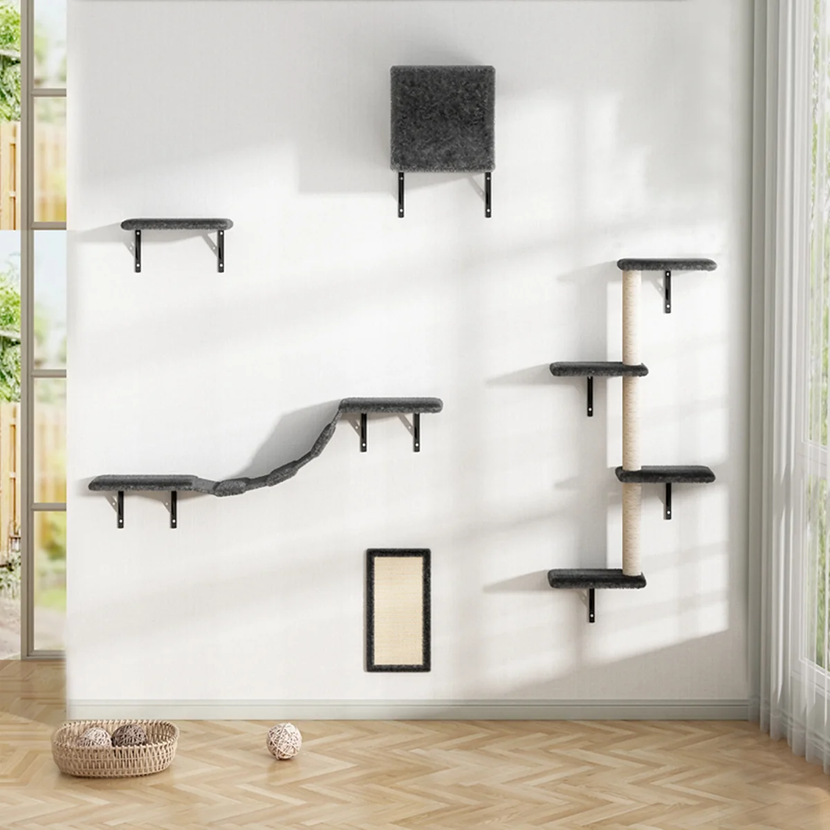 5 Pcs Wall Mounted Cat Climber Set Floating Cat Shelves and Perches Cat Activity Tree with Scratching Posts Cat Furniture