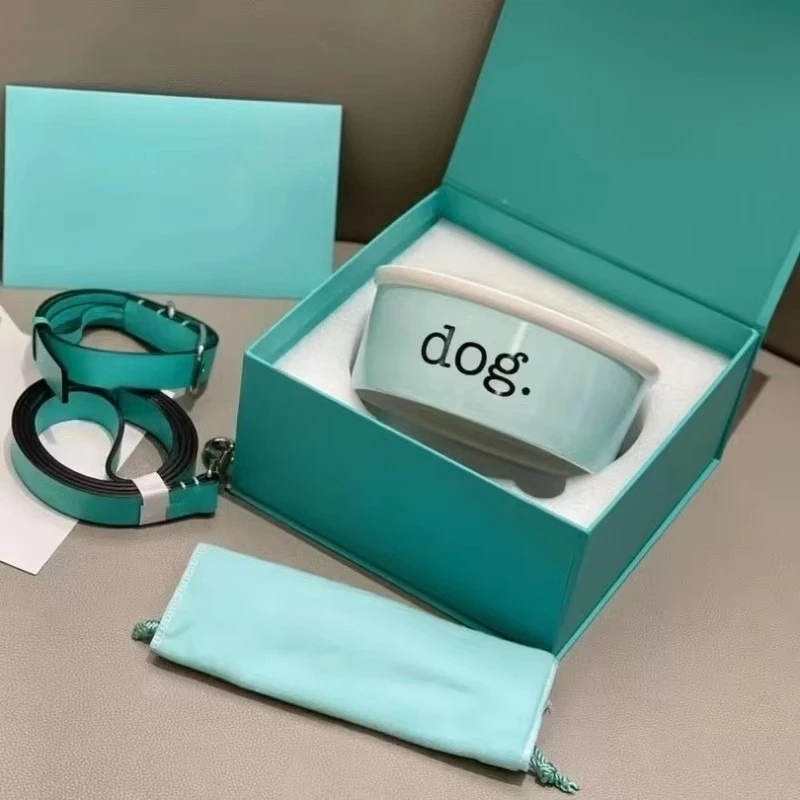 Novo animal de estimação de três peças osso china cão tigela gato bacia de arroz contém 17.5cm colar corda de tração caixa de presente