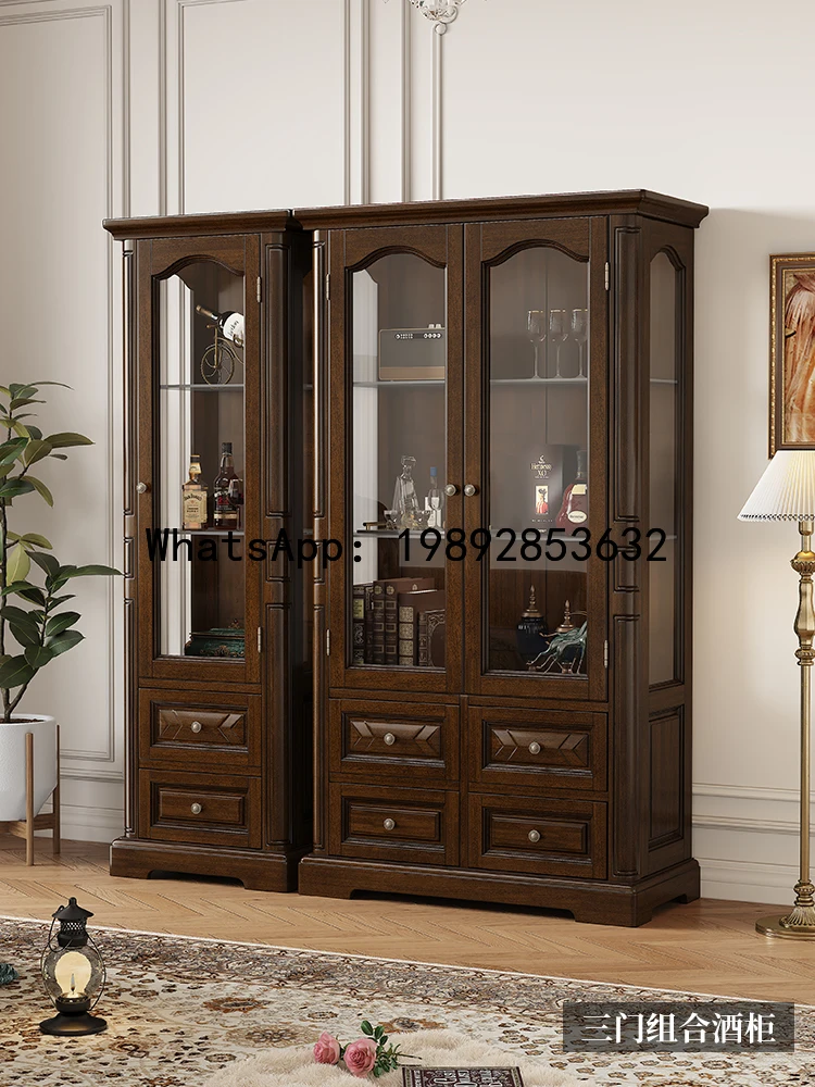LYY Wine Cabinet American Style Living Room Wall-Mounted Double Door Glass Decorative Display All Solid Wood Retro Sideboard