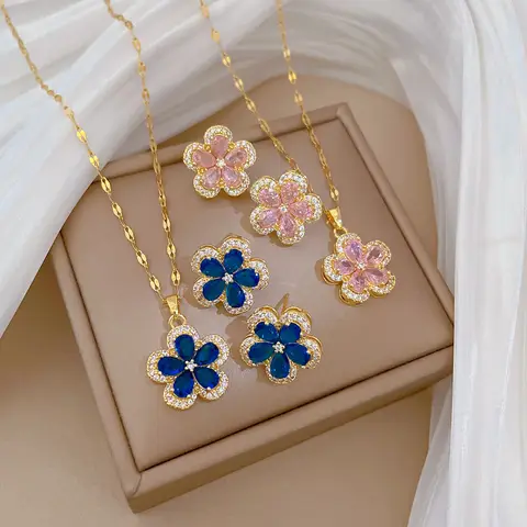 Luxury Sweet Pink Blue Zircon Flower Necklace Stud Earrings for Women Stainless Steel Chain Party Wedding Jewelry Sets Gifts