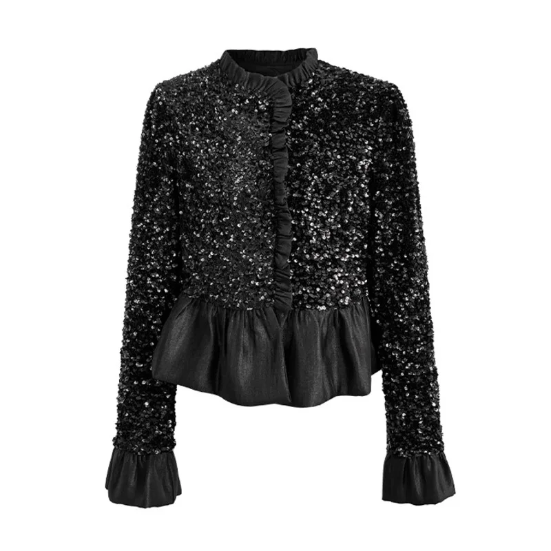 French Black Sequins Pullover Women Lace Sequins Temperament Chanelstyle Jacket Elegant Fashion Stand Zippers Long Sleeve Coats