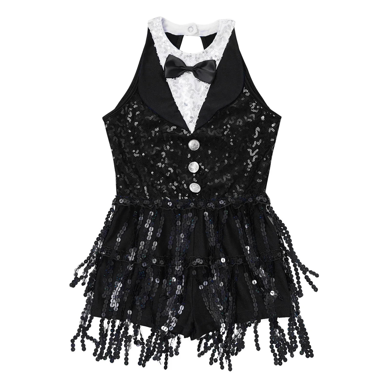 Children Girls Jazz Latin Dance Dress Sleeveless Shiny Sequin Tassel Leotard Cha-cha Samba Rumba Skating Performance Costume