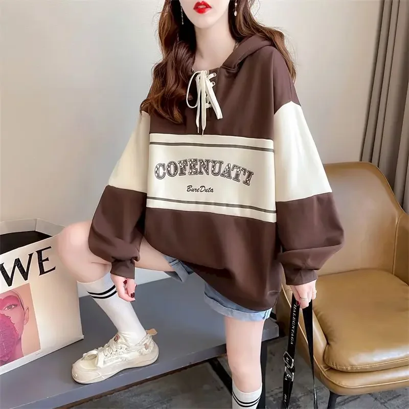 Fashion Patchwork Oversized Hoodies Women Casual Loose Hooded Coats Autumn Winter Trend Plush Thicken Hoodie Womens Y2k Clothes