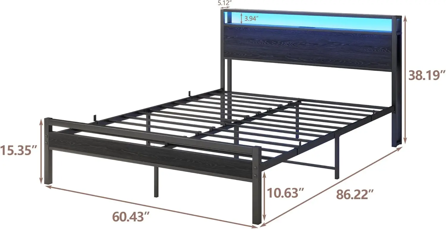 Marco de cama de matrimonio con cabecero de almacenamiento/luces Led, marco de cama de plataforma de Metal, tamaño Queen con estación de carga de almacenamiento